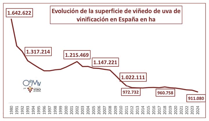 Tecnovino- Evolución de la superficie de viñedo de uva de vinificación en España